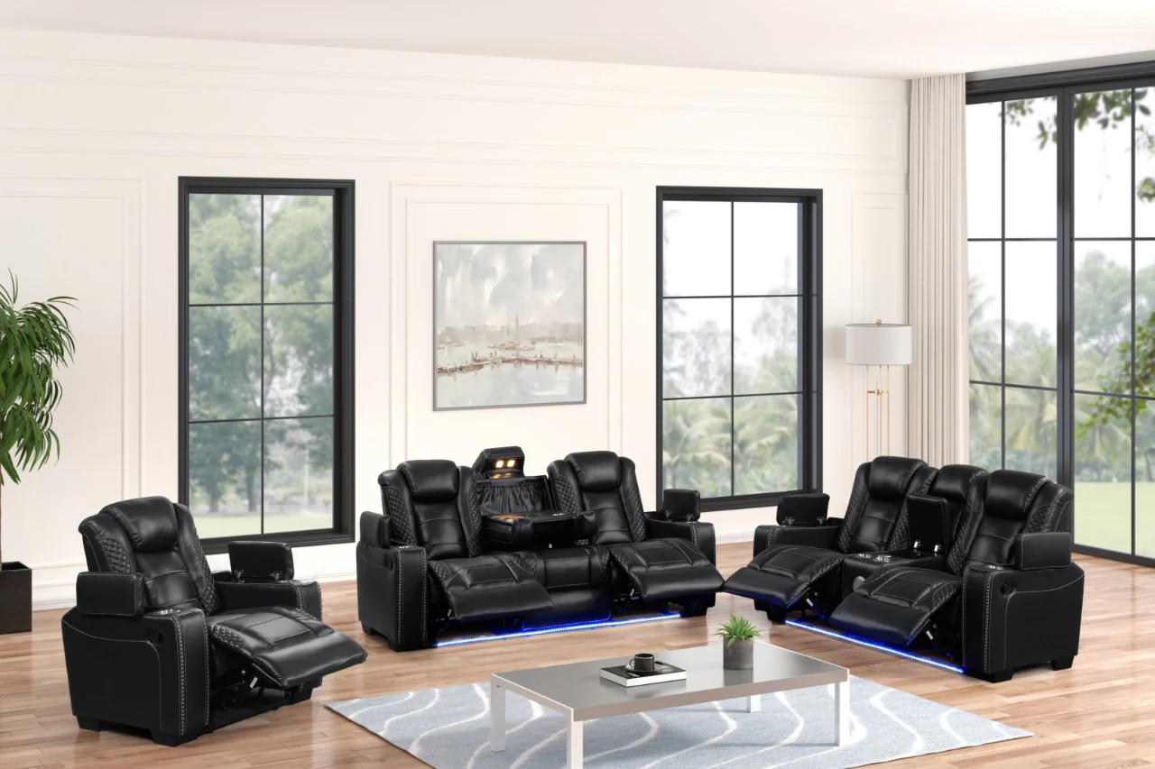 Stefano Black Leather Gel 3-Piece Reclining Set