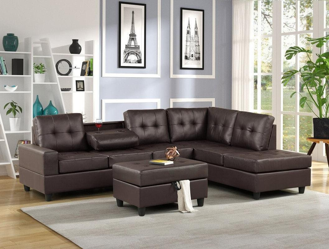 Heights Espresso Faux Leather Tufted Reversible Sectional + Ottoman Set - Image 1