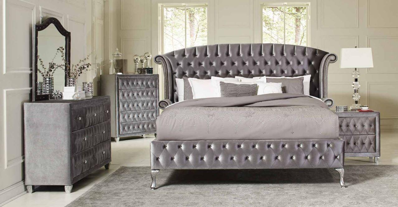 Diamond Palace Gray Velvet Upholstered Tufted Wingback Panel Bedroom Set - Image 2