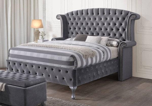 Diamond Palace Gray Velvet Upholstered Tufted Wingback Panel Bedroom Set - Image 3