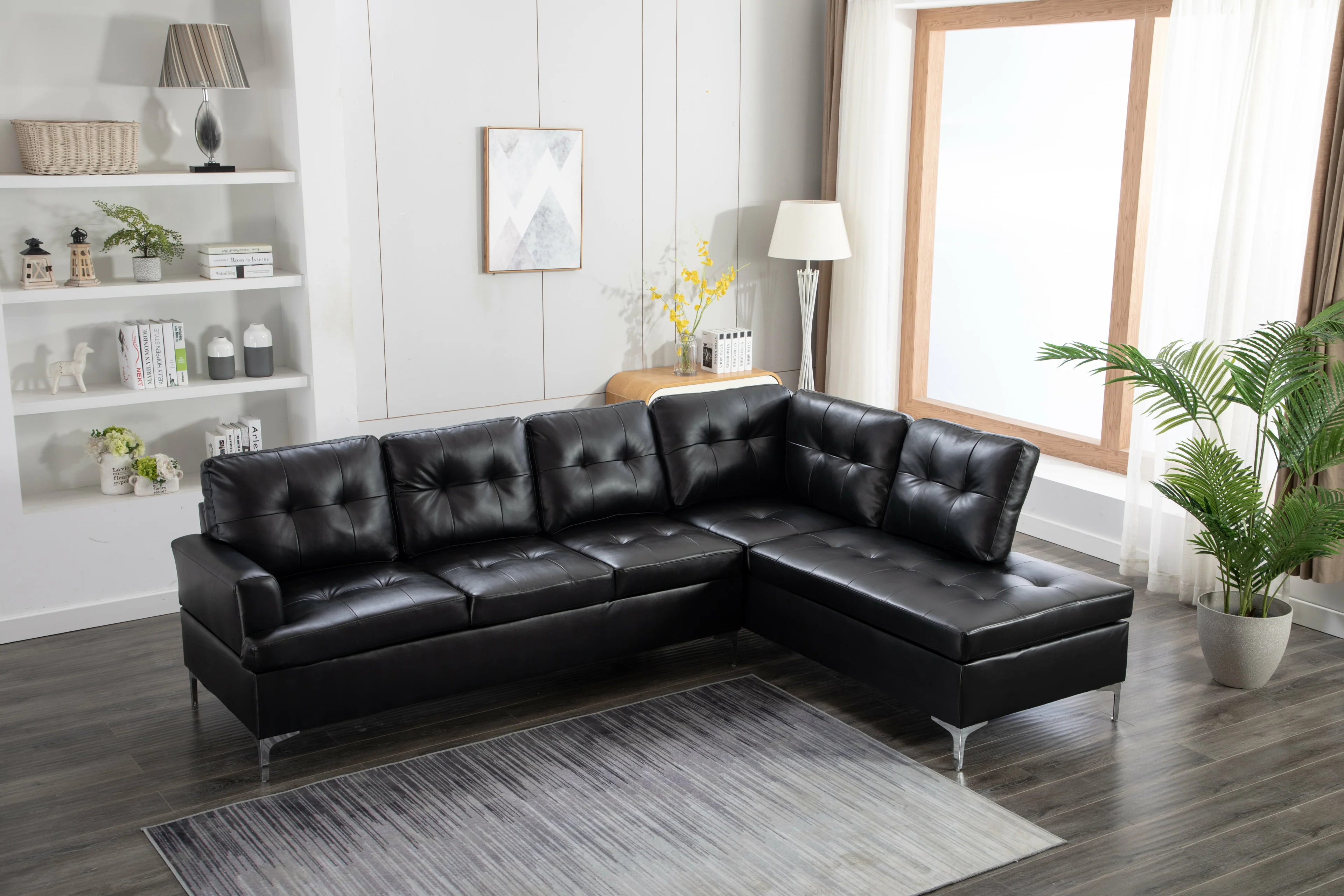 Vintage Black Faux Leather Tufted Sectional - Image 2