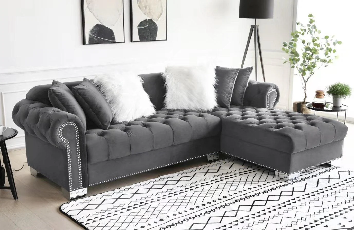 Royal Gray Velvet Tufted Sectional - Image 1