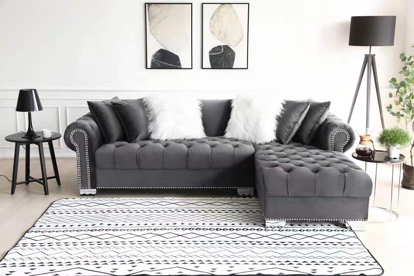 Royal Gray Velvet Tufted Sectional - Image 2