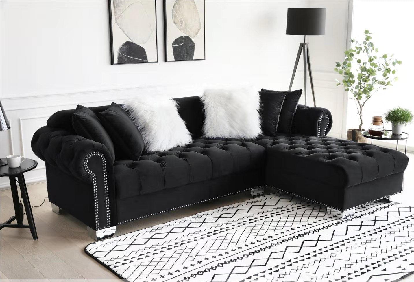 Royal Black Velvet Tufted Sectional - Image 1