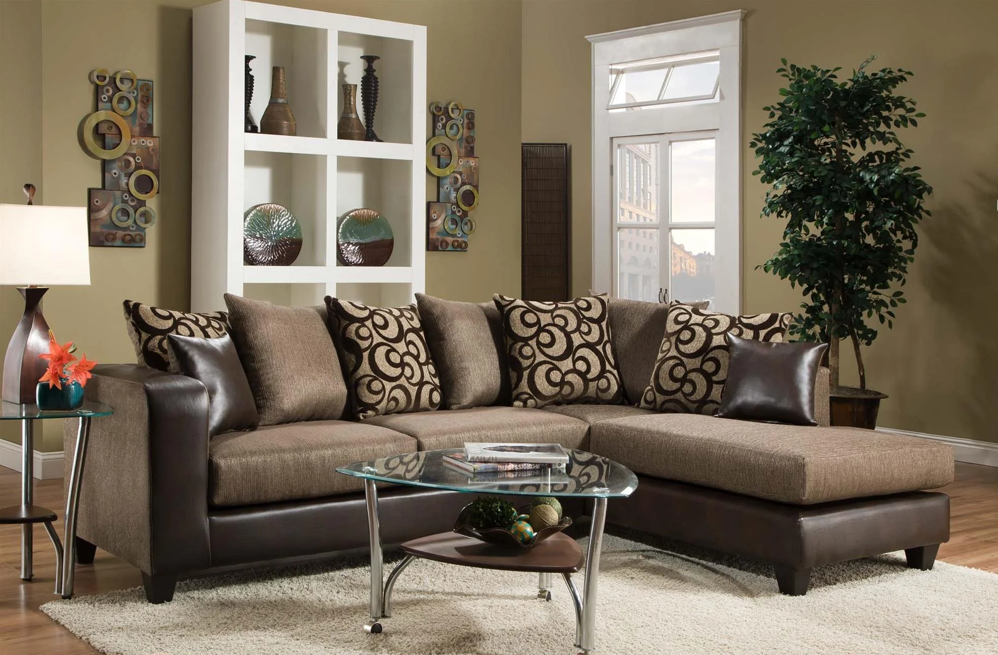 Monroe Brown Fabric Faux Leather Upholstered Sectional - Image 1