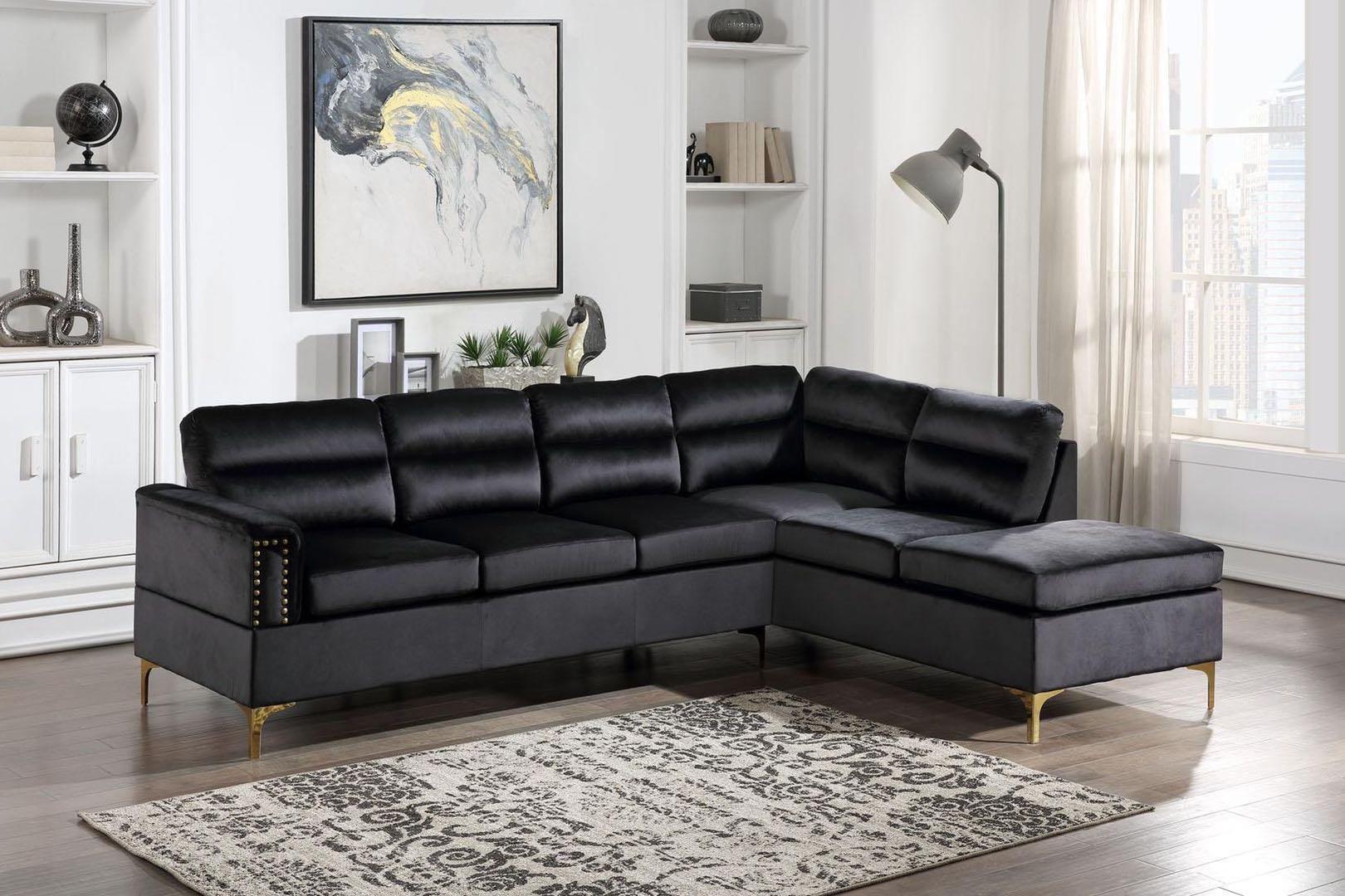 Vogue Black Gold Legs Velvet Upholstered Sectional - Image 1