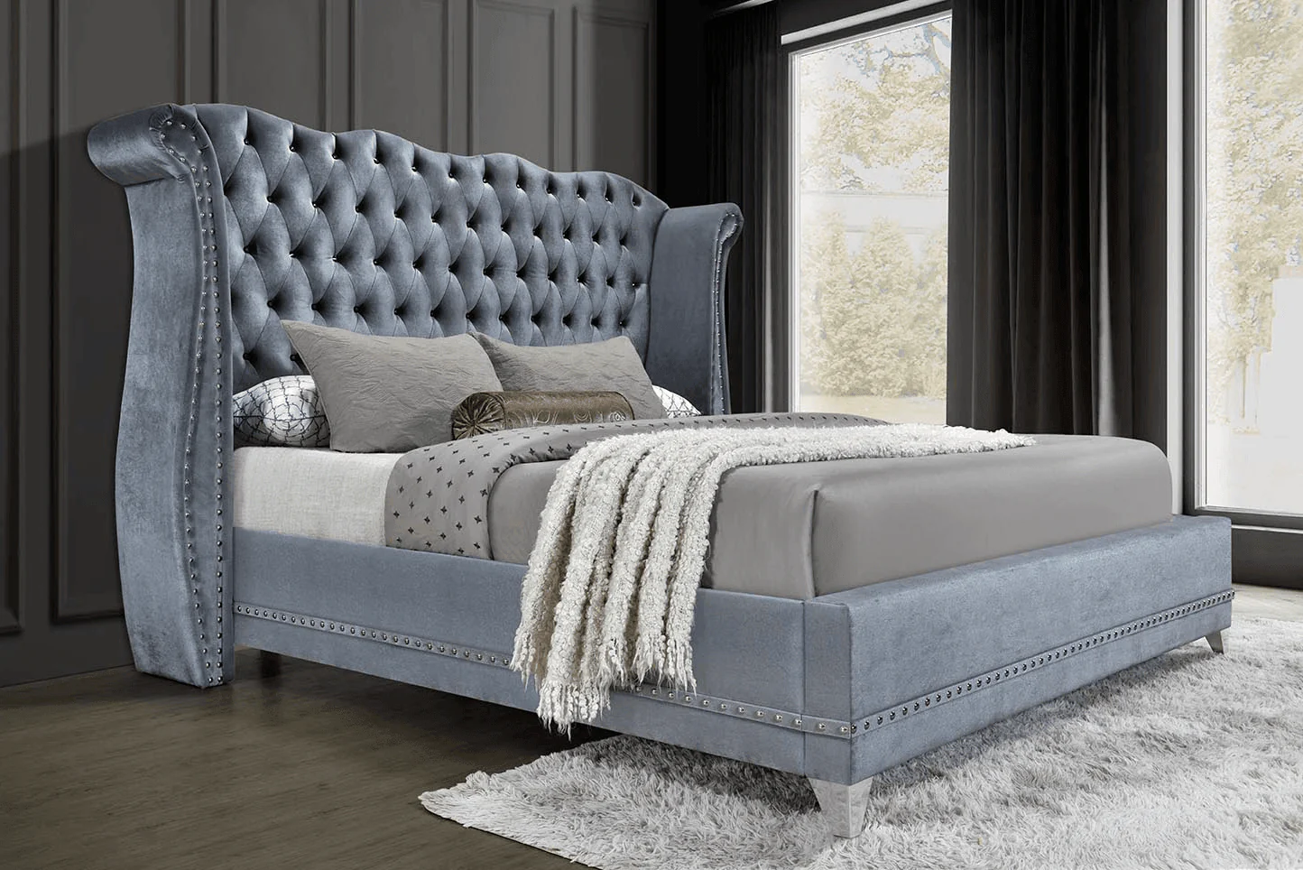 Luxor Gray Velvet Upholstered Tufted Diamond Platform Queen Bed - Image 1