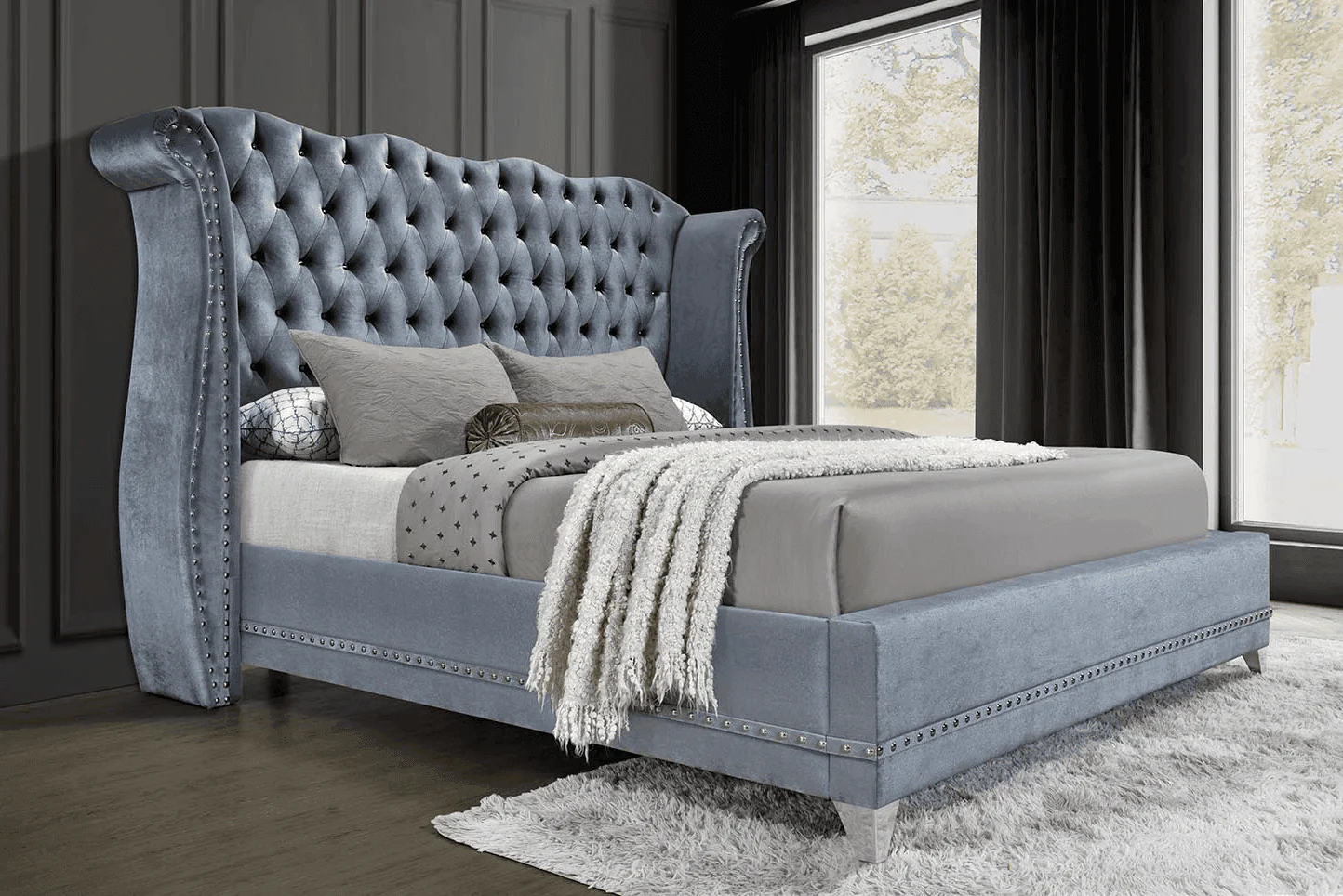 Luxor Gray Velvet Upholstered Tufted Platform King Bed - Image 1