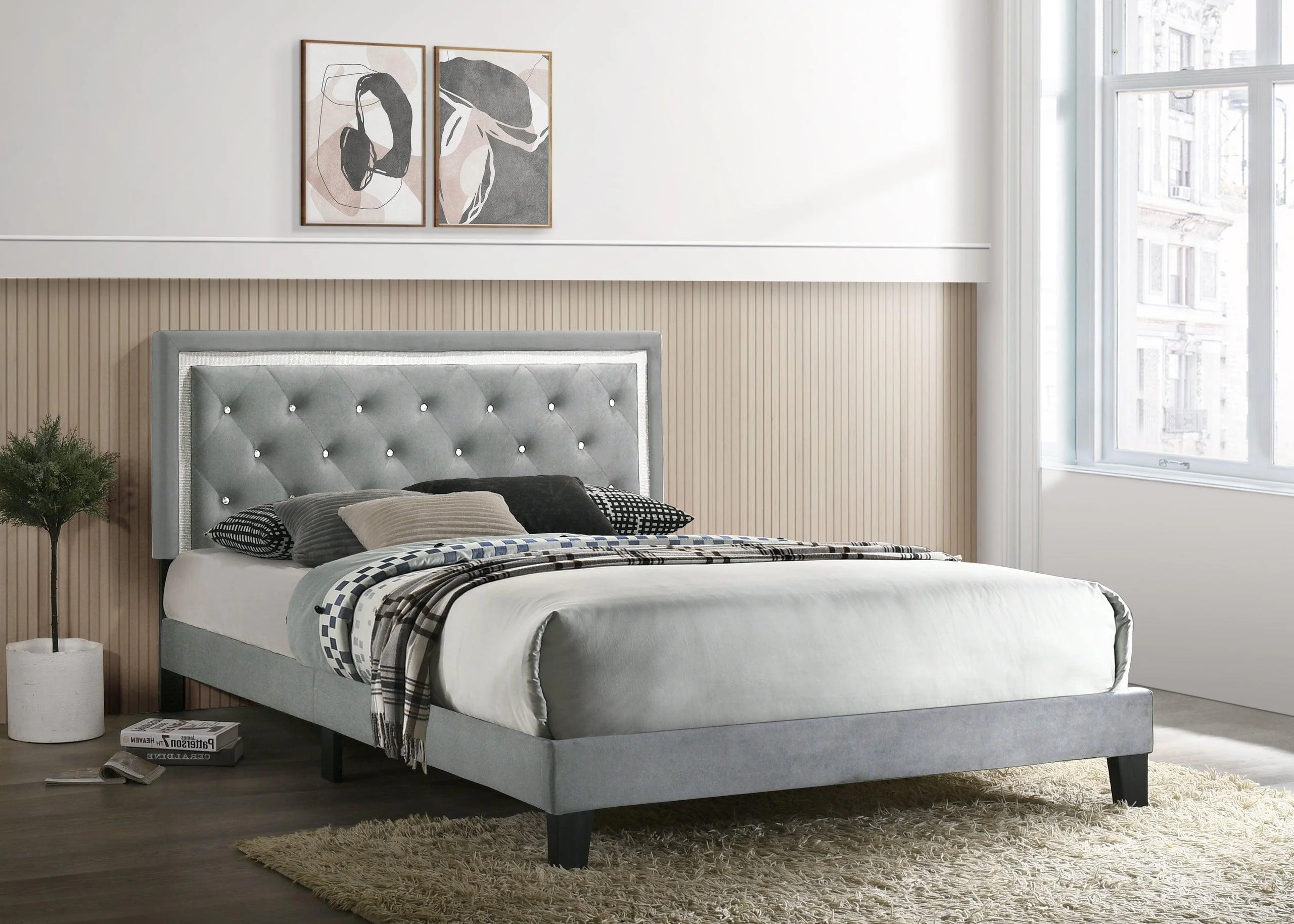 Passion White Velvet Upholstered Tufted Platform Twin Bed - Image 3