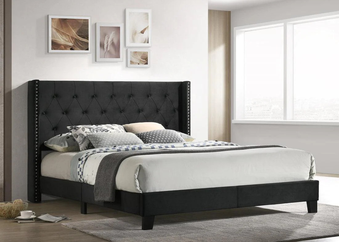 Saddy Black Velvet Upholstered Tufted Platform Twin Bed - Image 1