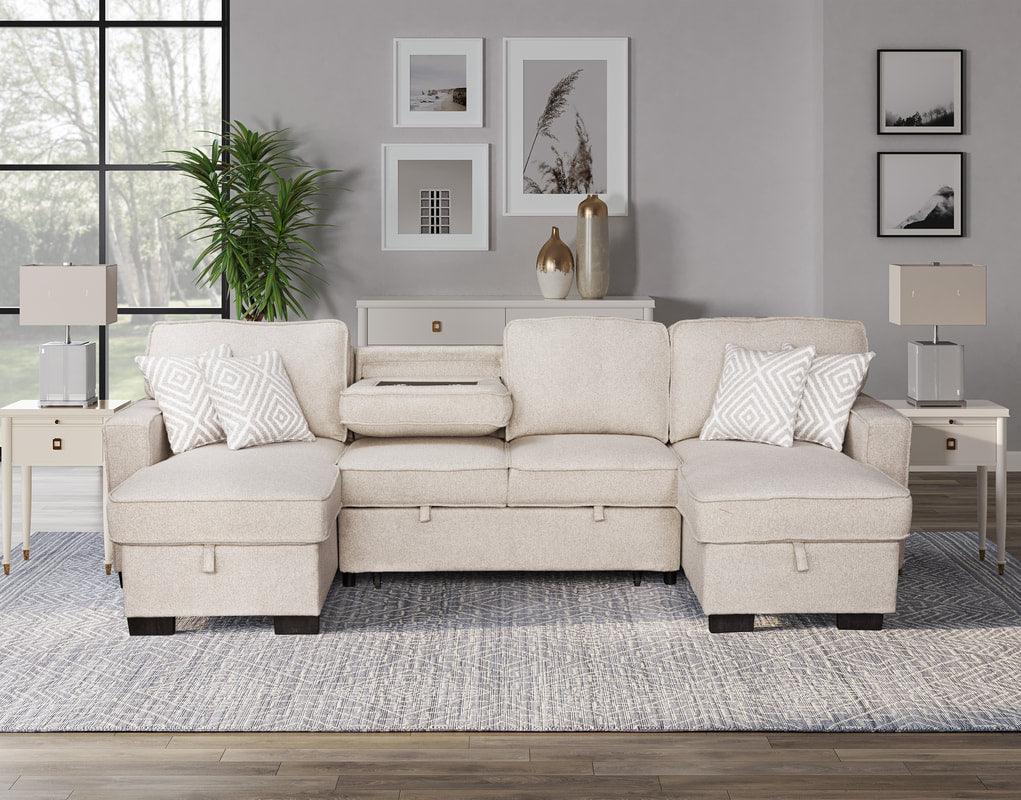 Sahara Beige Double Storage Chaise Sectional w Drop Down Cupholders - Image 1