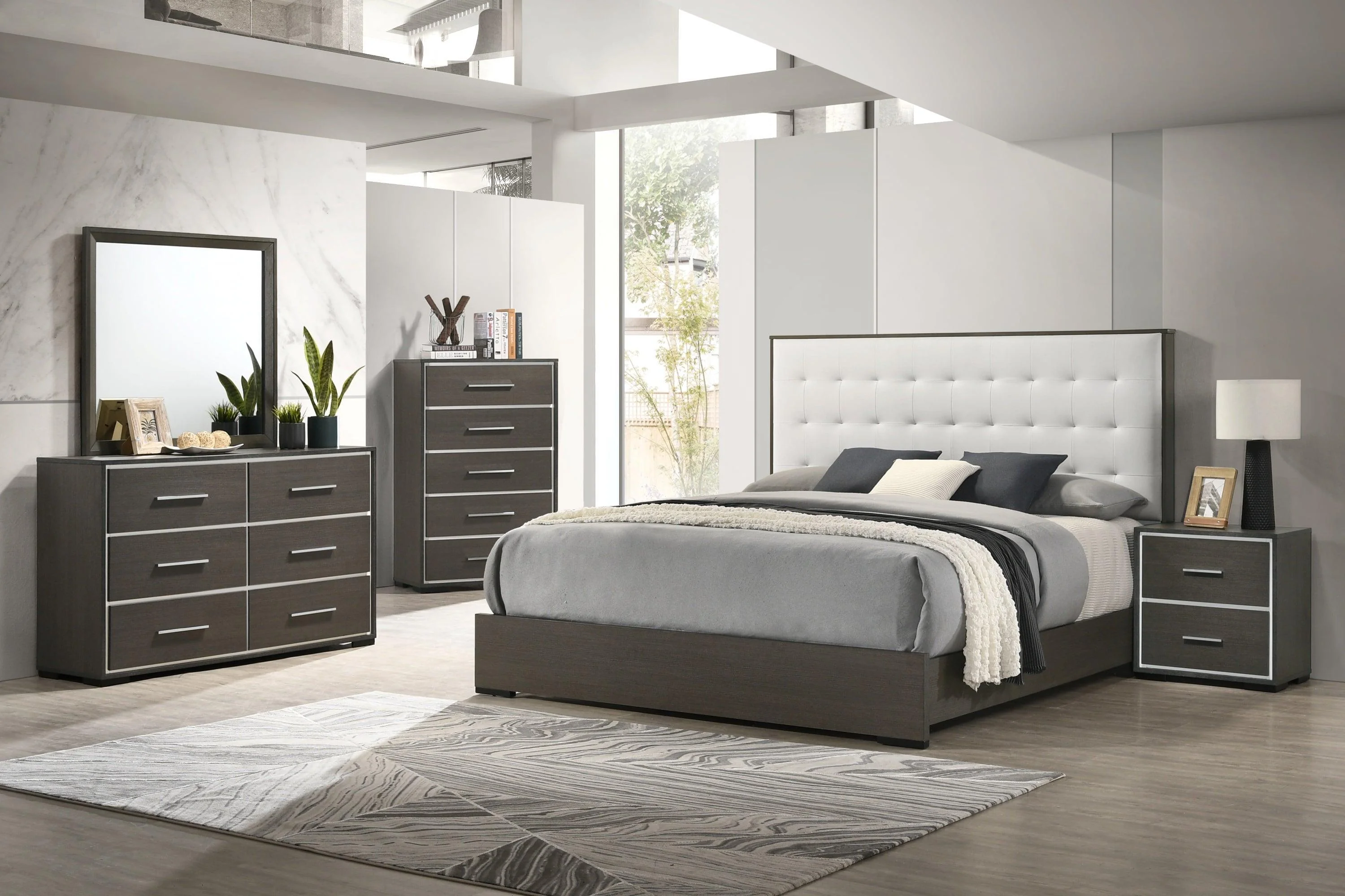 Sharpe Gray White Fabric Upholstered Tufted Panel Queen Bed - Image 2