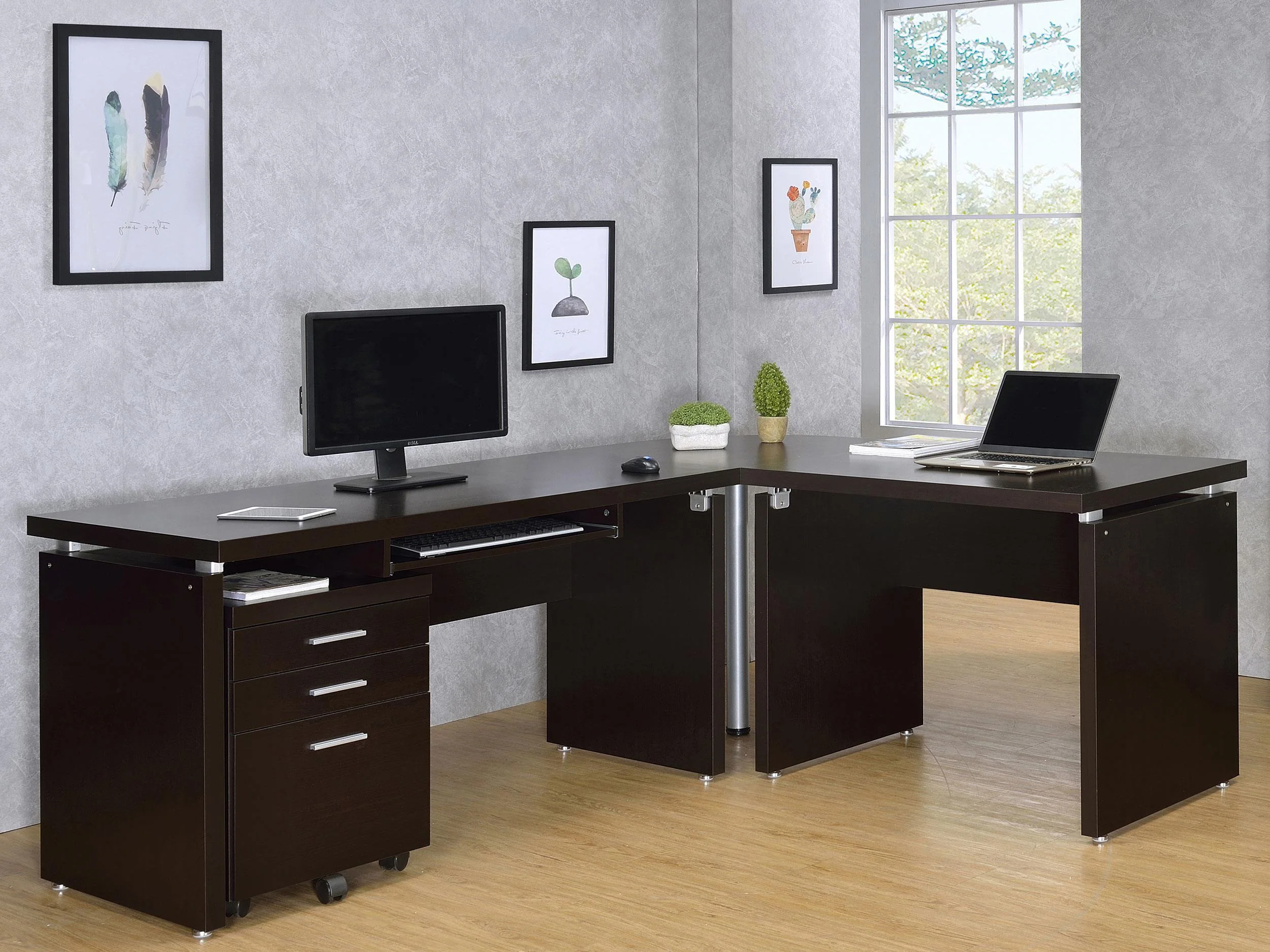 Skylar 2-Piece Home Office Set L shape Desk With File Cabinet Cappuccino - Image 2