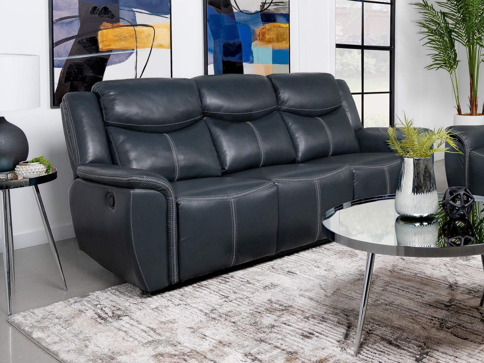 Sloane Upholstered Motion Reclining Sofa With Drop Down Table Blue
