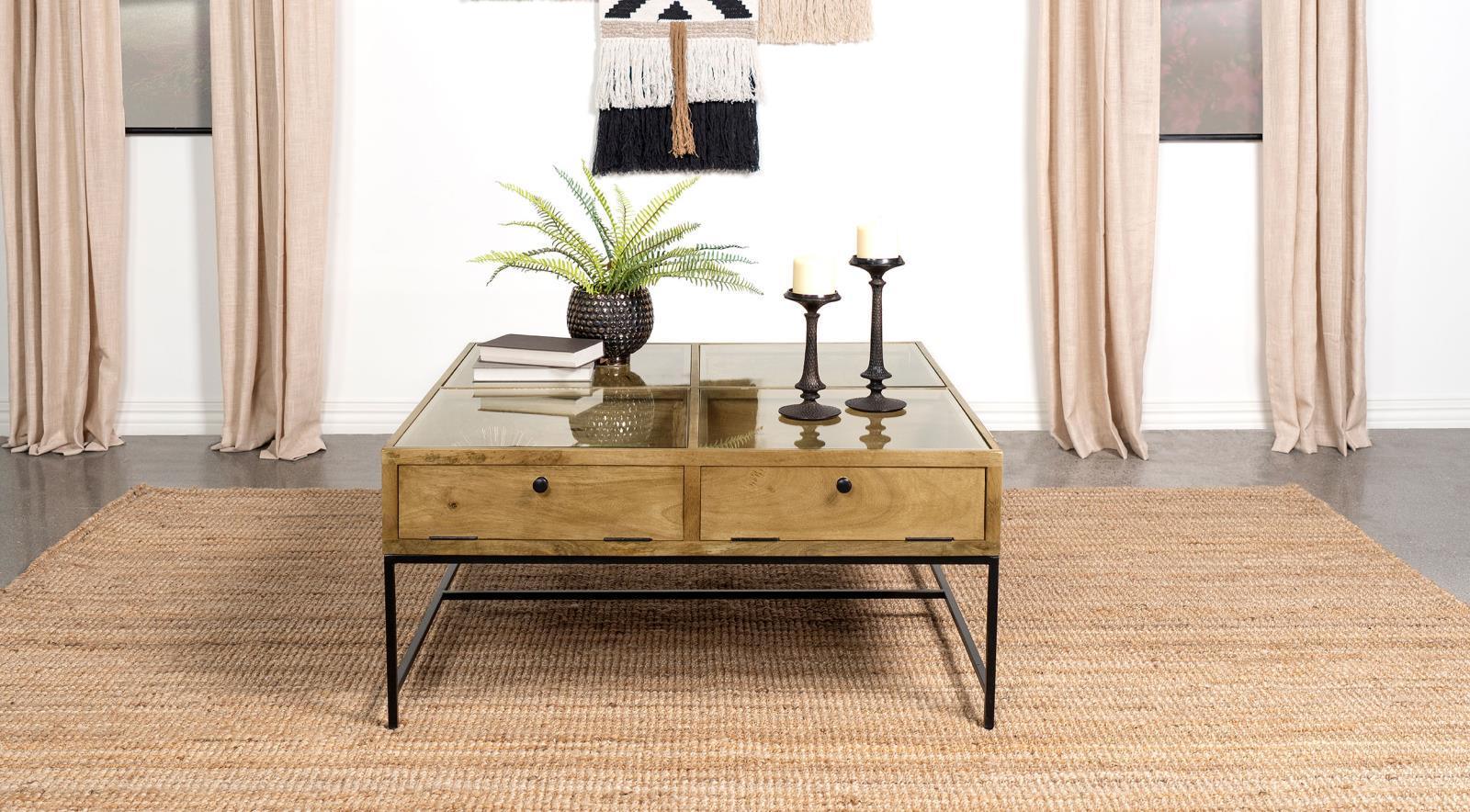 Stephie 4 Drawer Square Clear Glass Top Coffee Table Honey Brown - Image 2