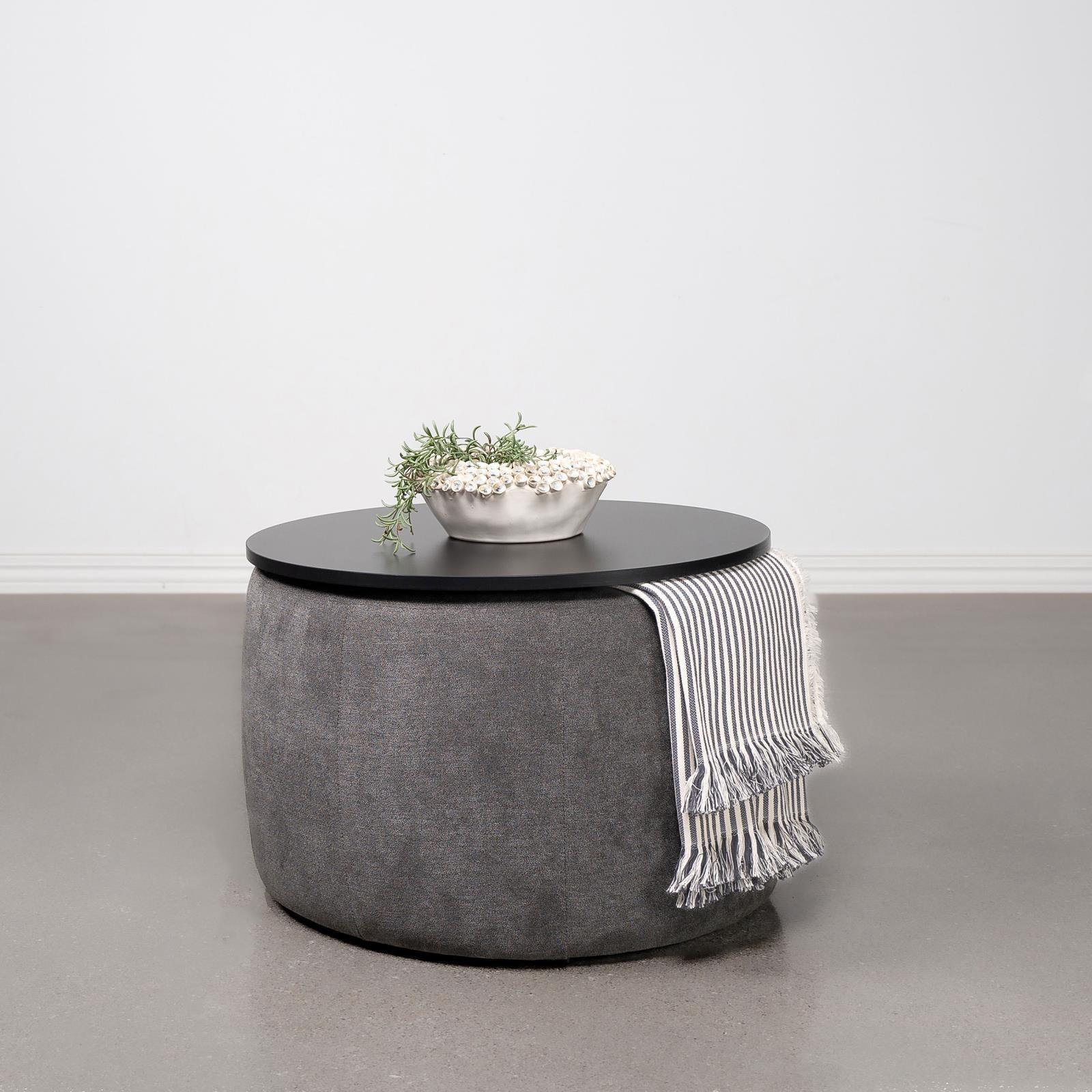 Tesoro Upholstered Round Lift Top Storage Ottoman Gray Black - Image 1