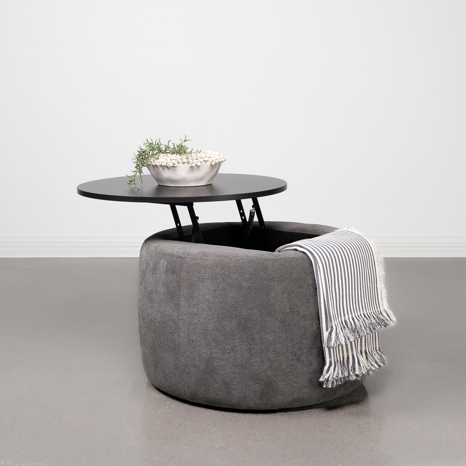 Tesoro Upholstered Round Lift Top Storage Ottoman Gray Black - Image 2