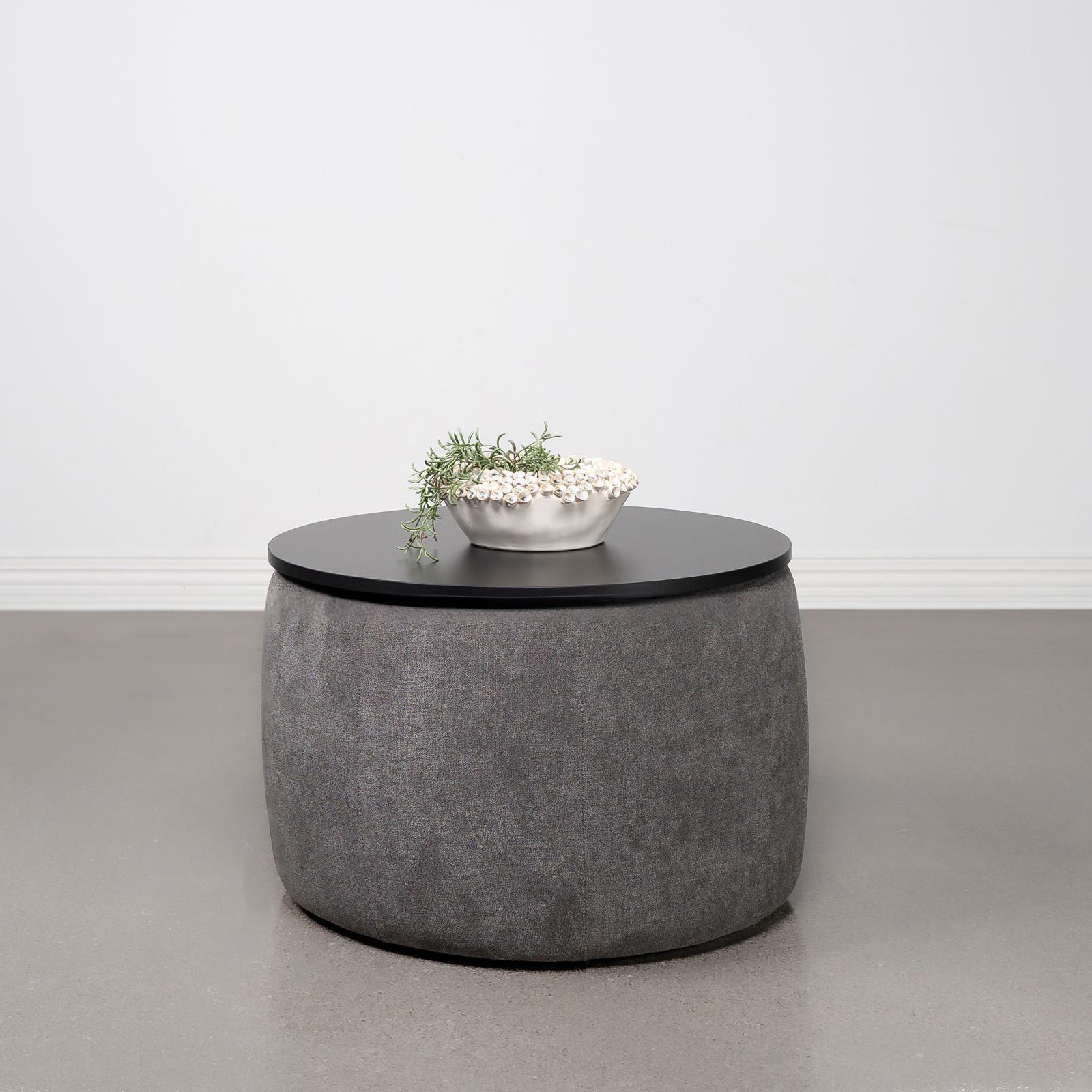 Tesoro Upholstered Round Lift Top Storage Ottoman Gray Black - Image 3