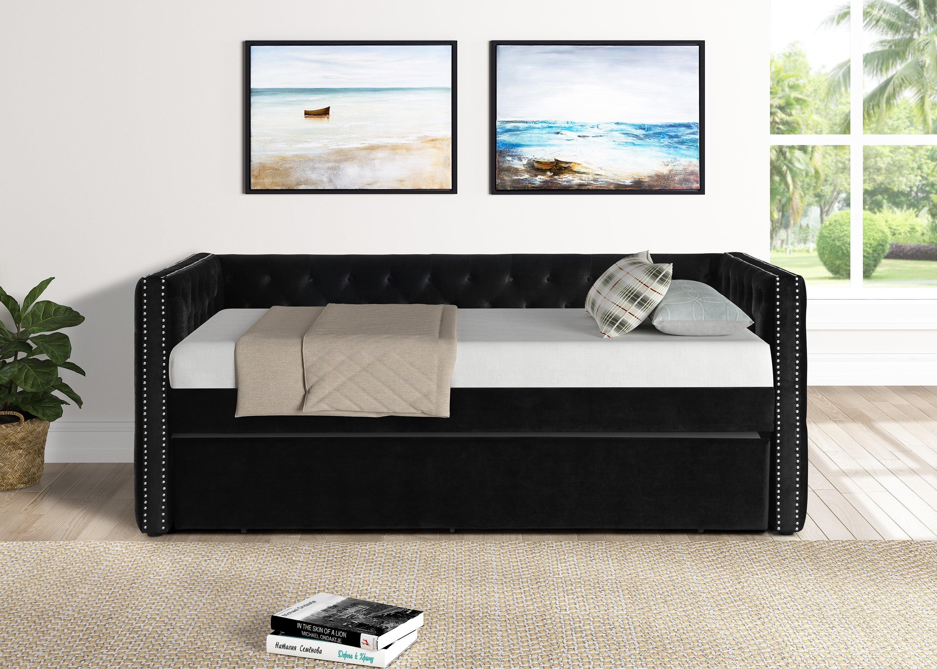 Trina Black Velvet Upholstered Trundle Tufted Twin Daybed - Image 2