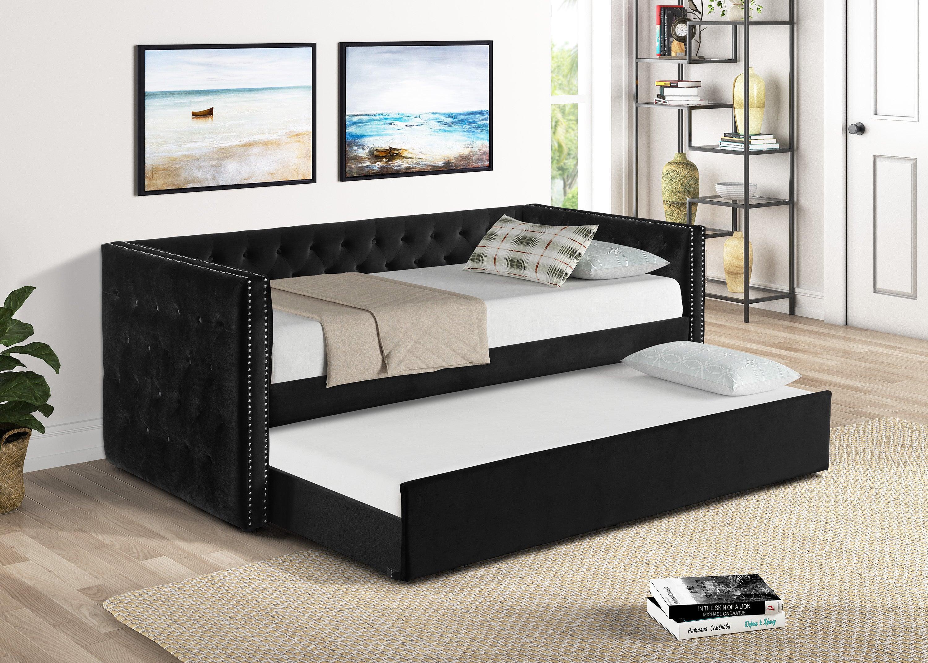 Trina Black Velvet Upholstered Trundle Tufted Twin Daybed - Image 3