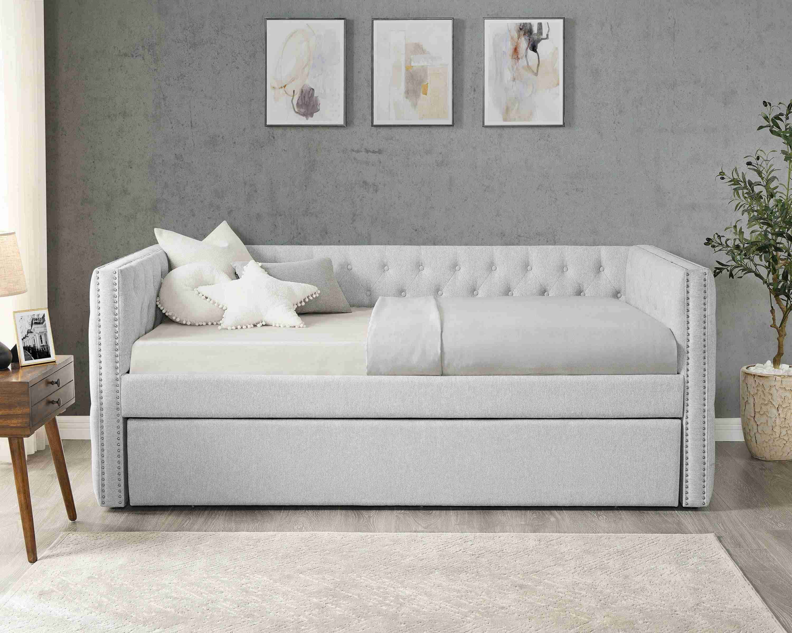 Trina Dove Gray Fabric Upholstered Tufted Trundle Daybed - Image 2