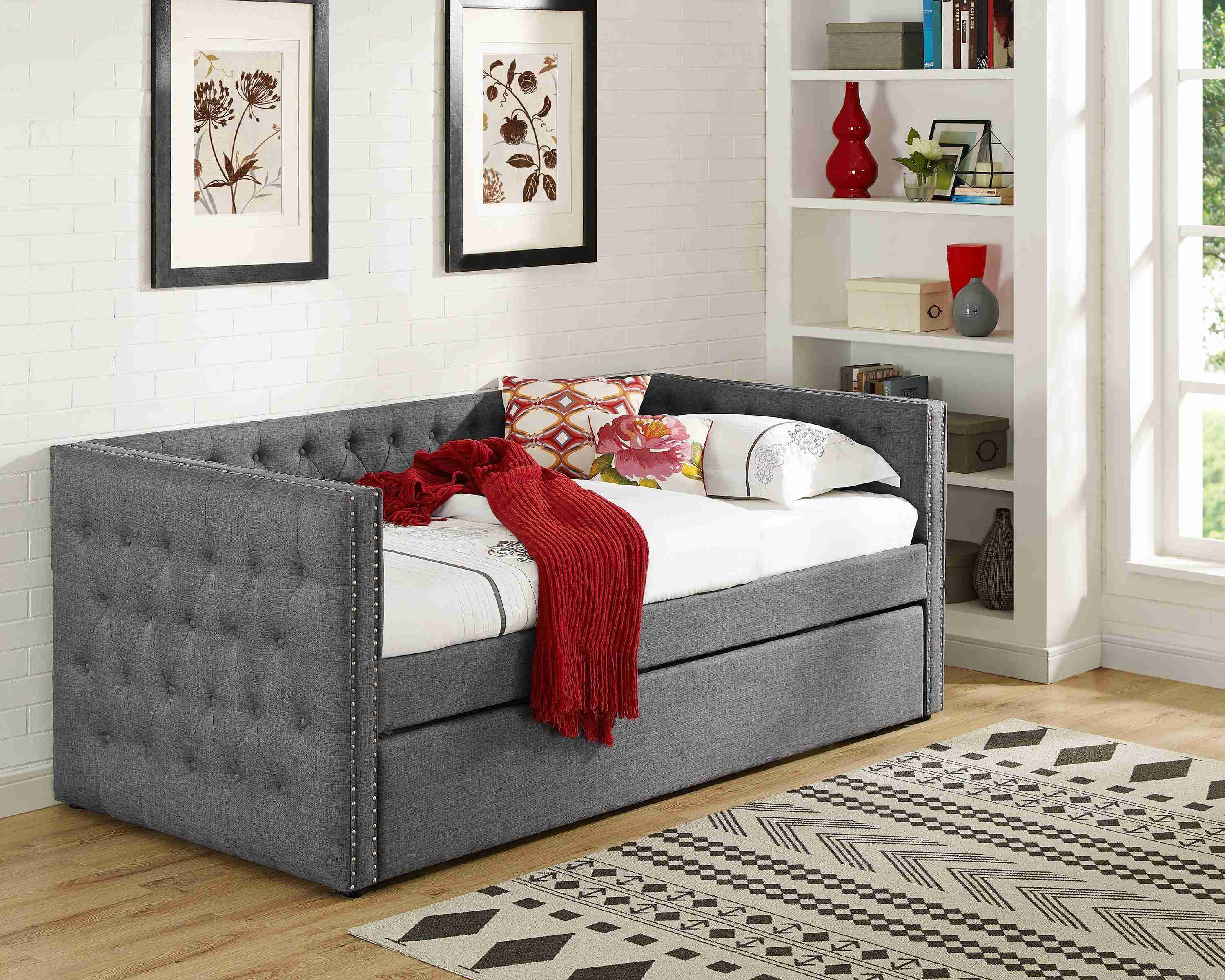 Trina Gray Fabric Upholstered Trundle Tufted Twin Daybed - Image 2