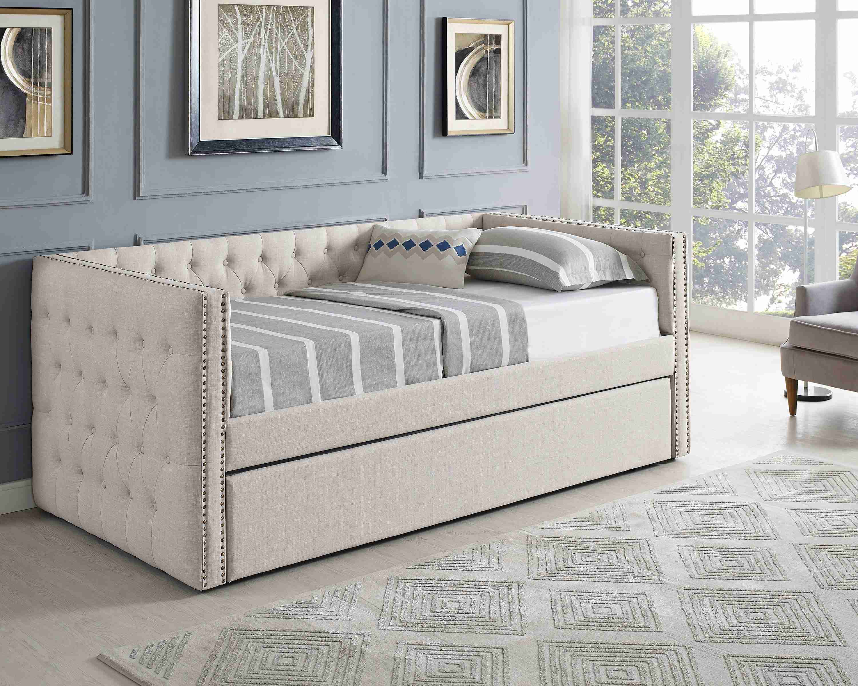 Trina Ivory Chalk Fabric Upholstered Trundle Tufted Twin Daybed - Image 2