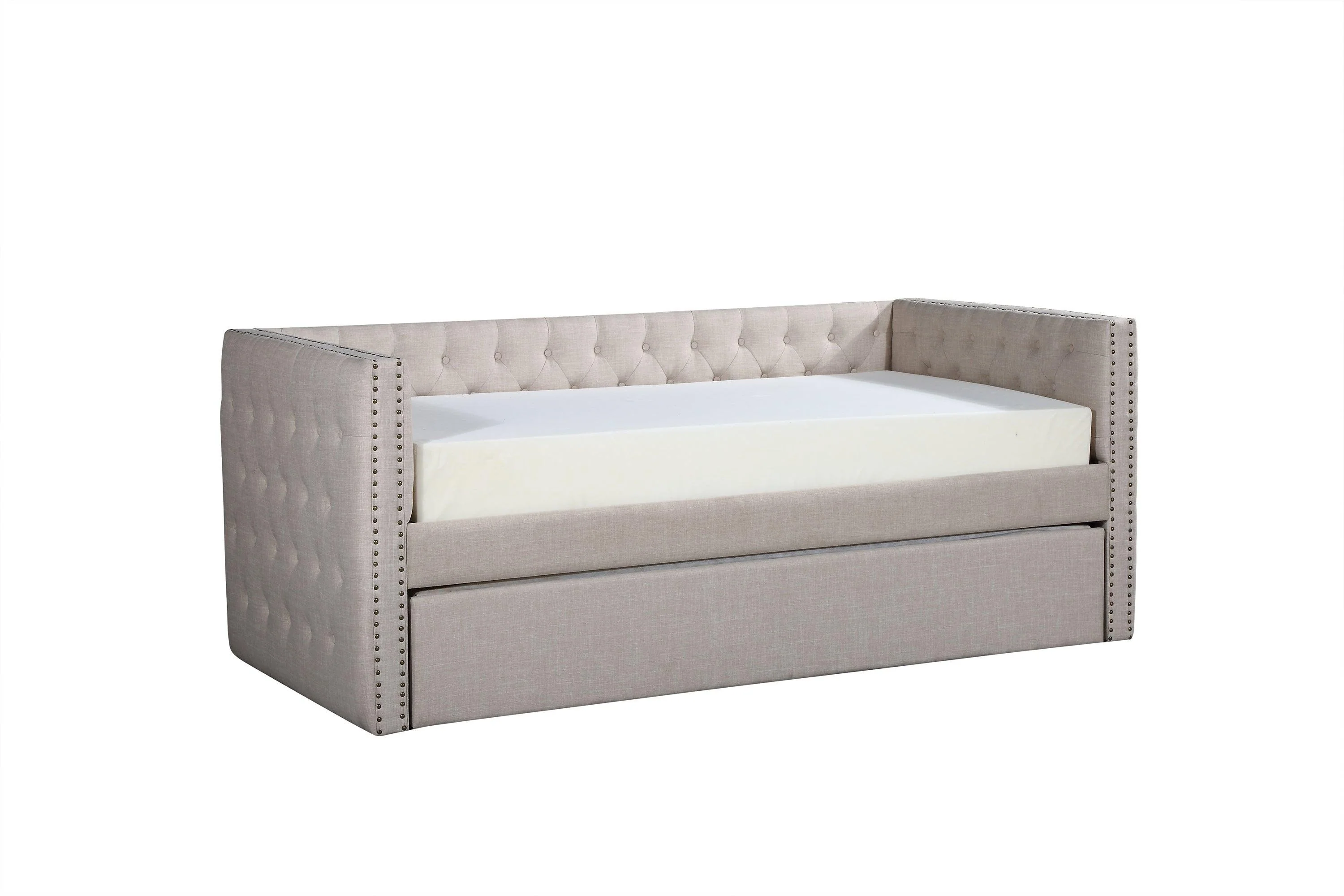 Trina Ivory Chalk Fabric Upholstered Trundle Tufted Twin Daybed - Image 3