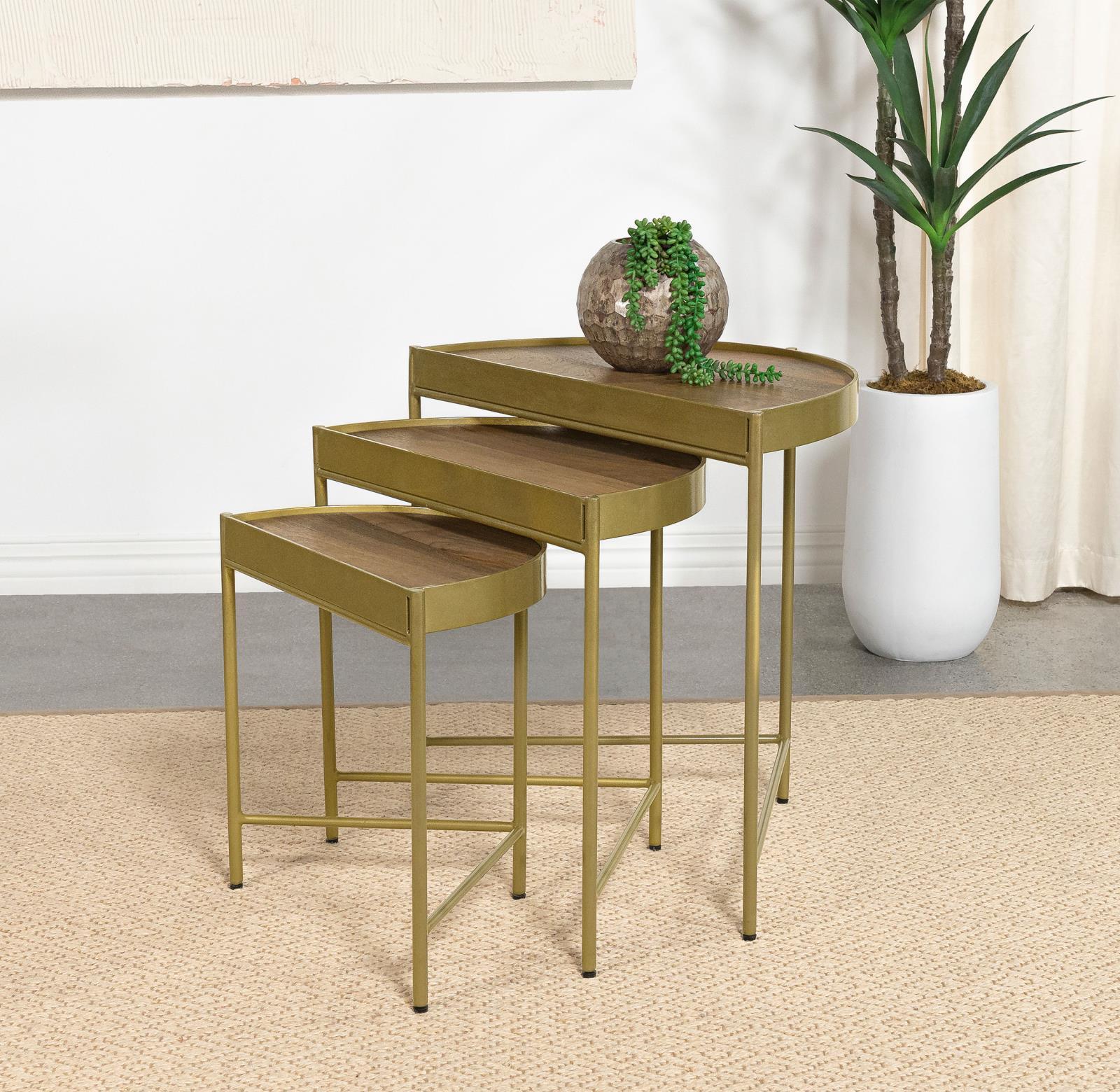 Tristen 3-Piece Demilune Nesting Table With Recessed Top Brown Gold - Image 2