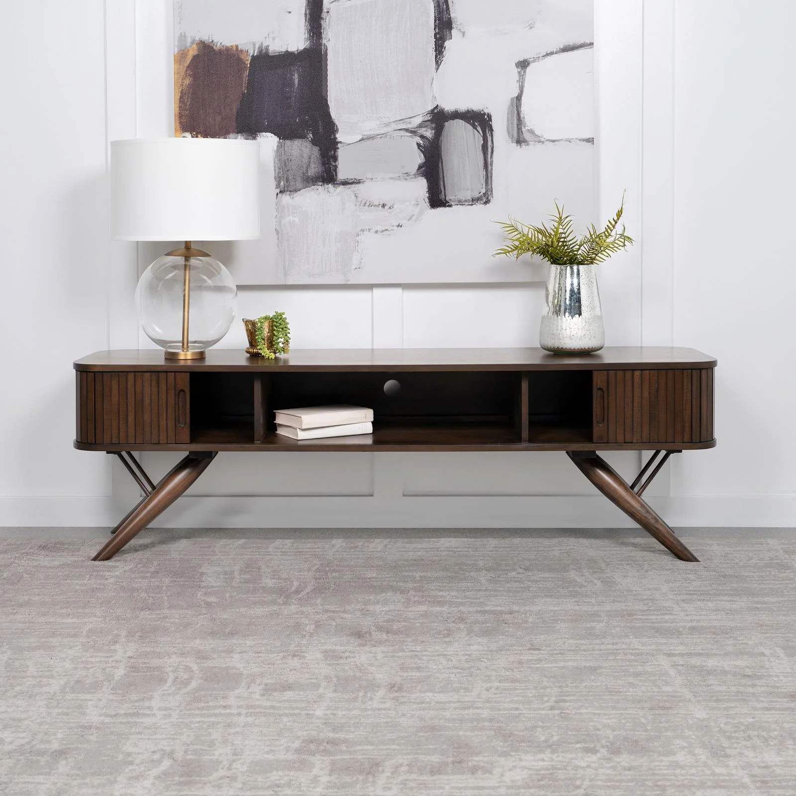Valna Rectangular 71" TV Stand With Sliding Doors Walnut - Image 1