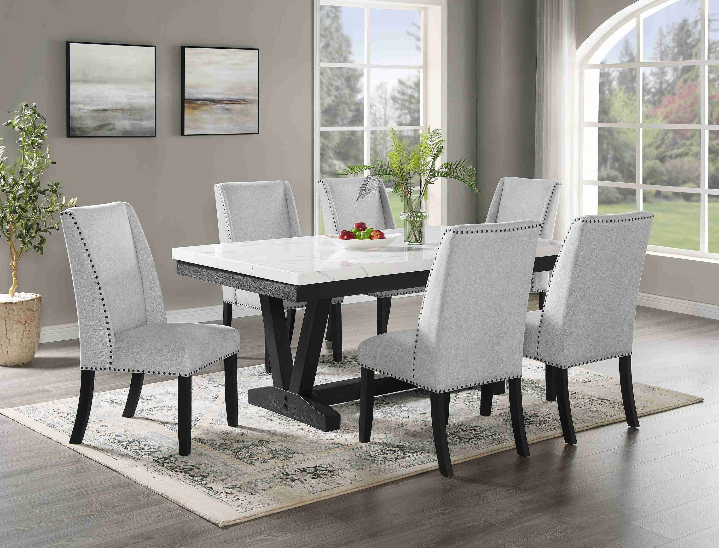Vance Gray White Marble Top Fabric Upholstered Tufted Dining Room Set - Image 2