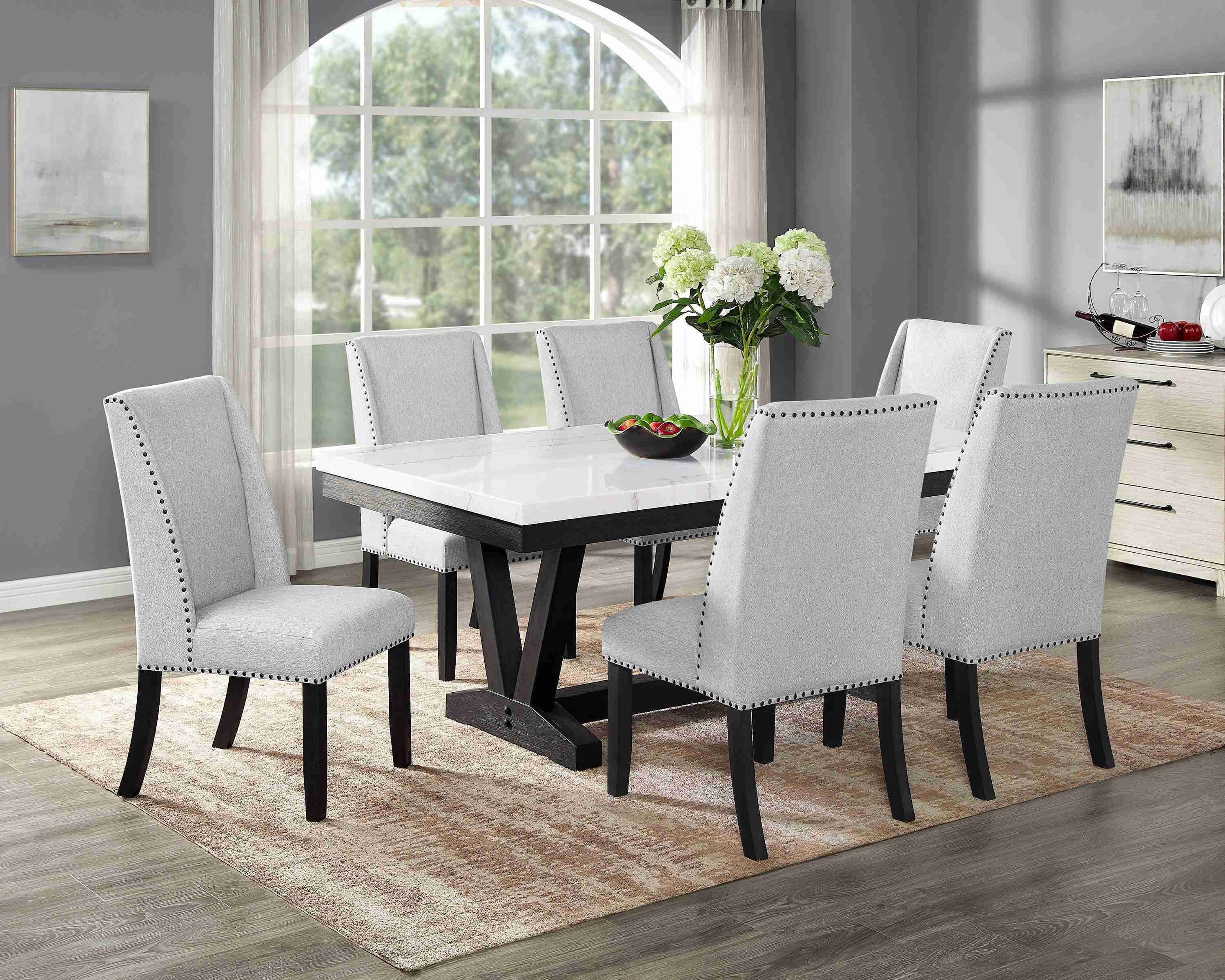 Varley Vance White Marble Top Fabric Upholstered Dining Room Set - Image 2