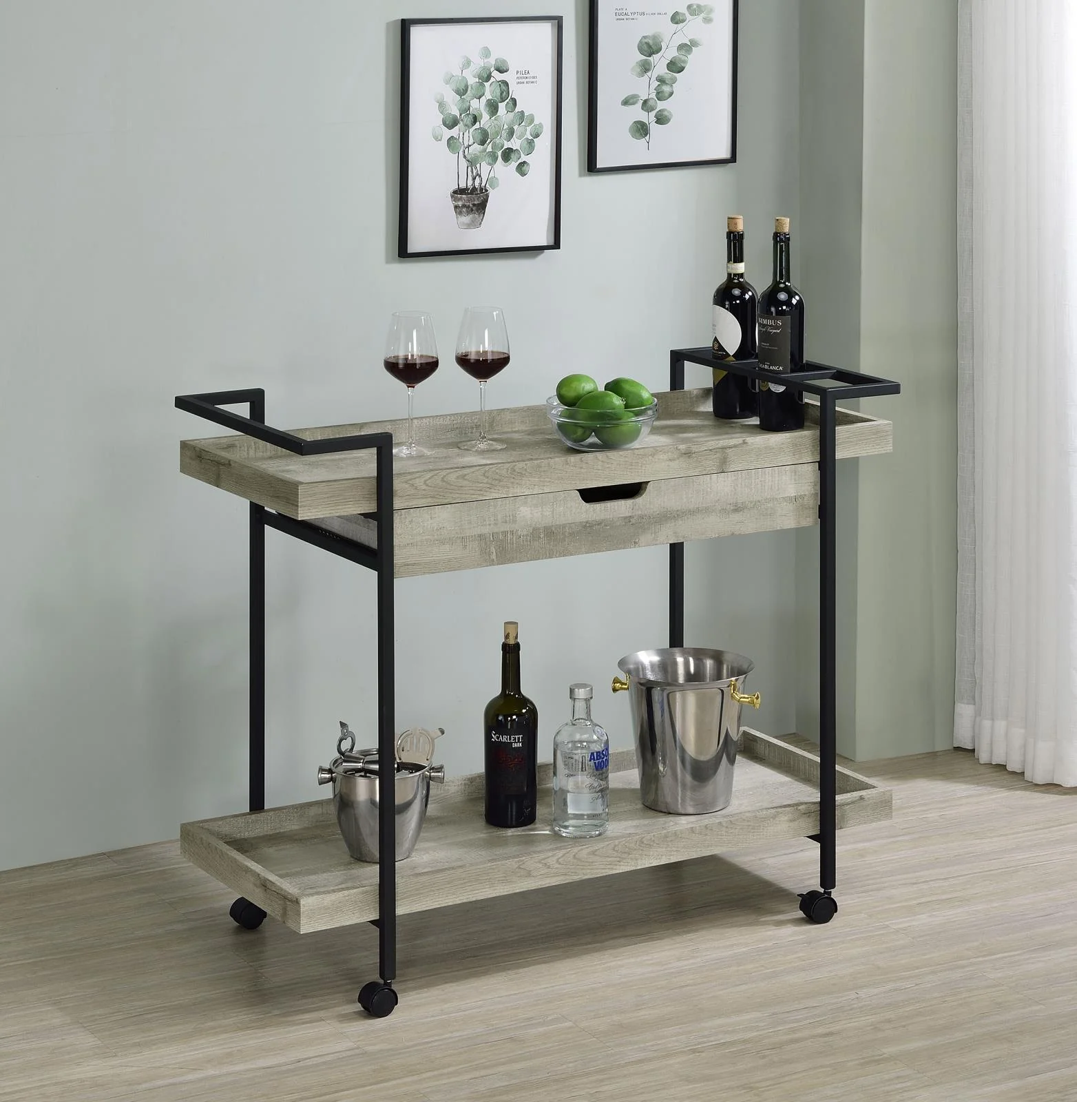 Ventura 2 tier Bar Cart With Storage Drawer Gray Driftwood - Image 2