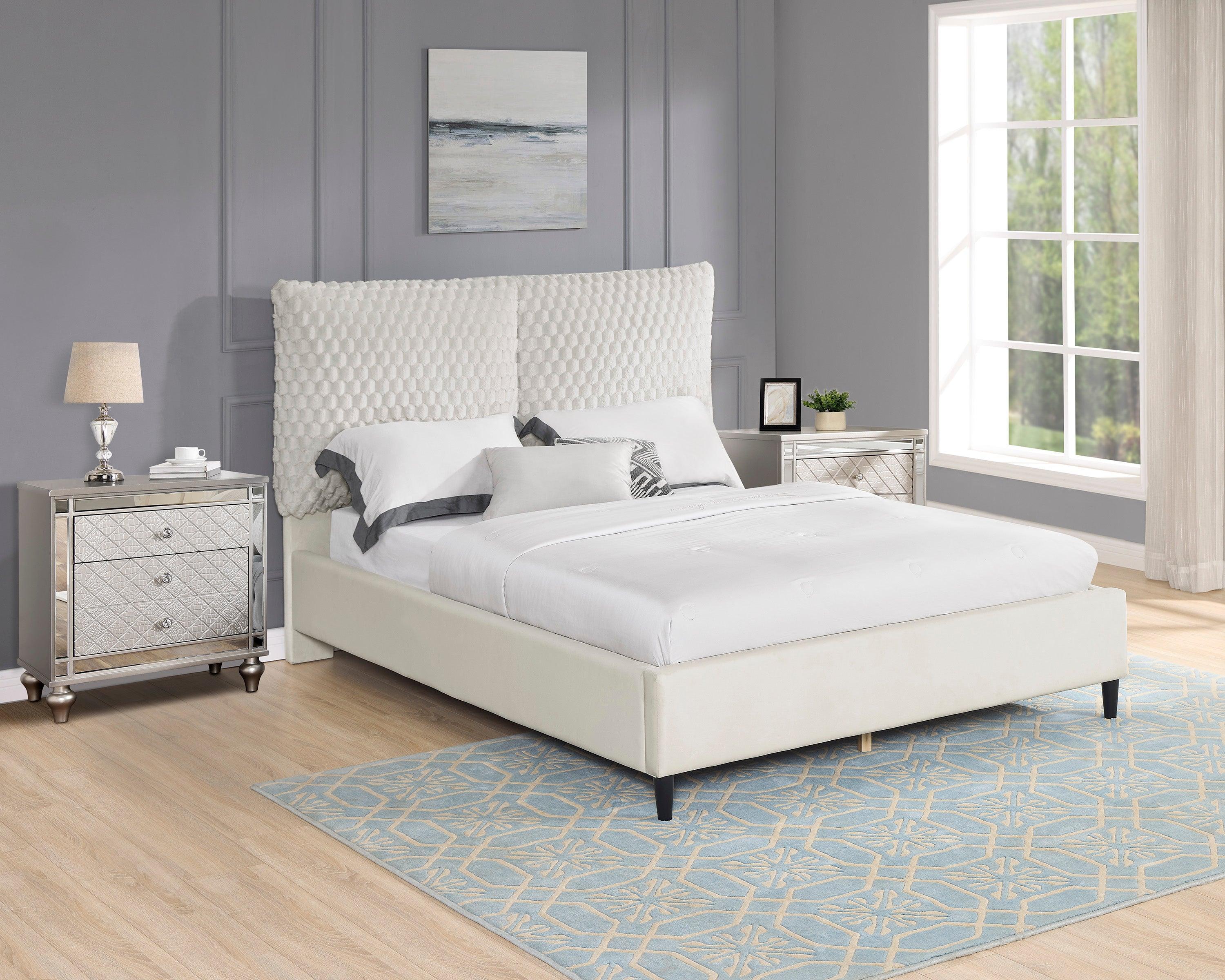 Violet White Velvet Upholstered Panel King Bed - Image 2