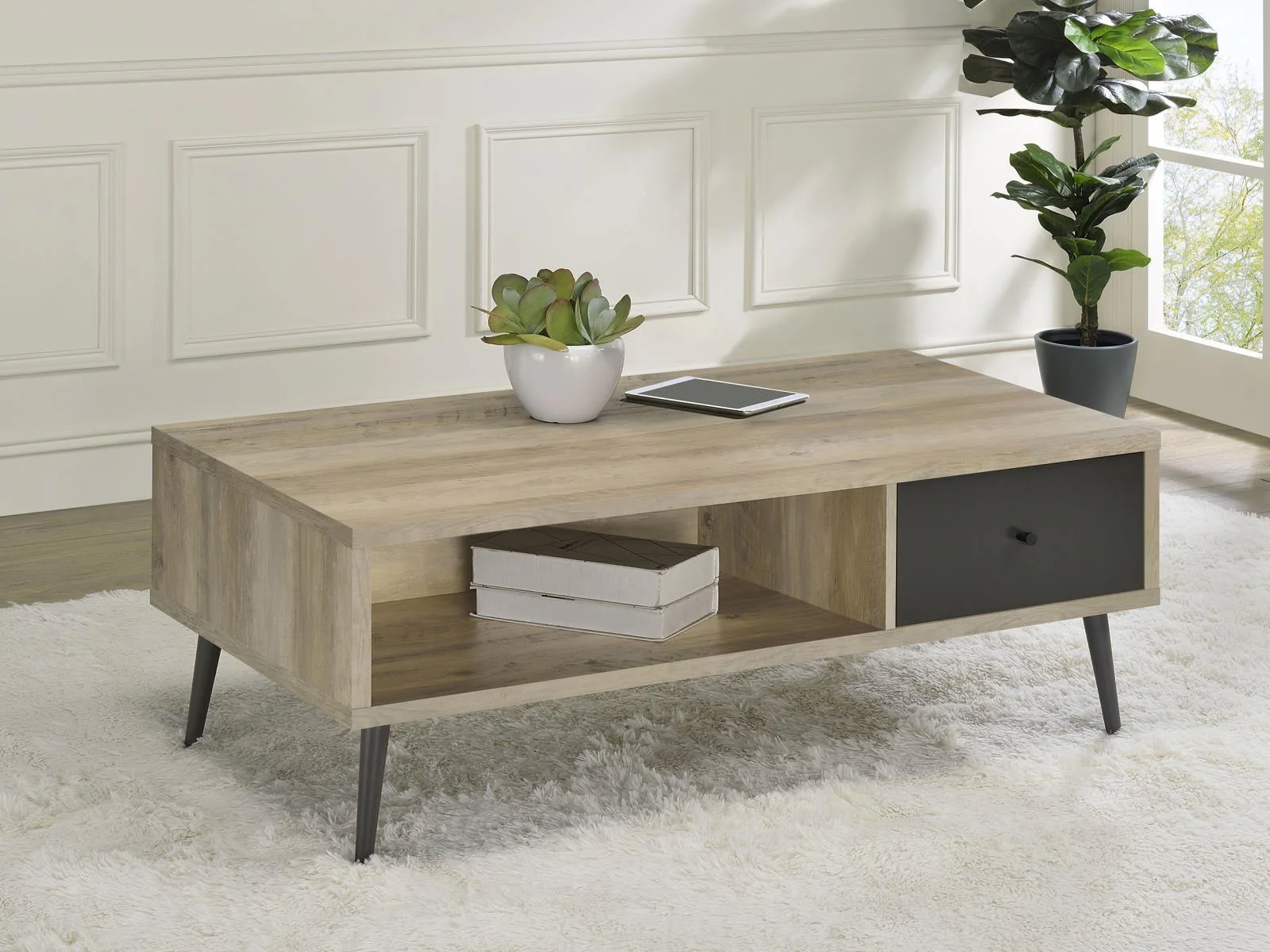 Welsh Drawer Rectangular Wood Coffee Table With Storage Shelf Antique Pine Grey - Image 2